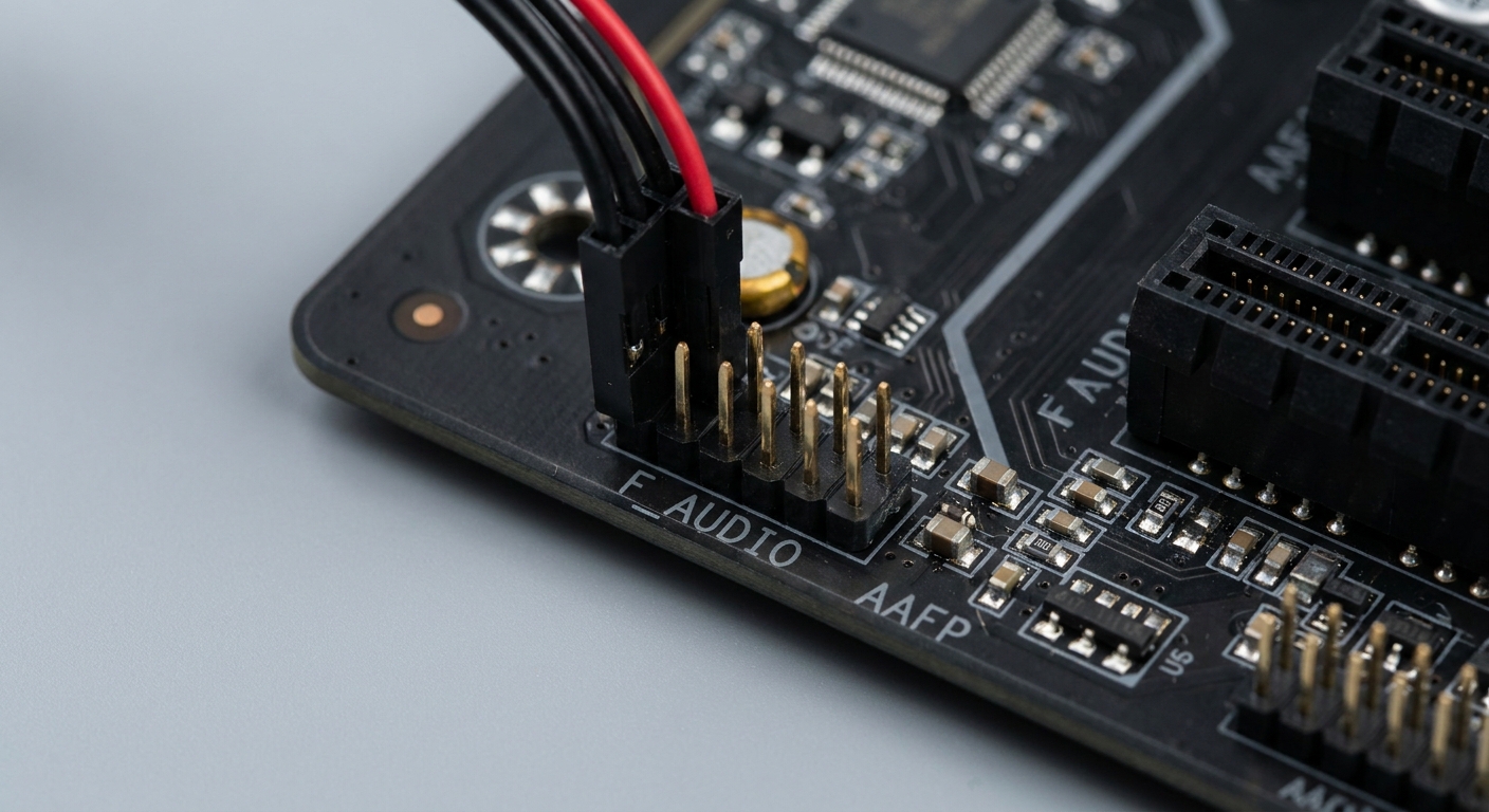 Close-up image of a computer motherboard showing the front panel audio header