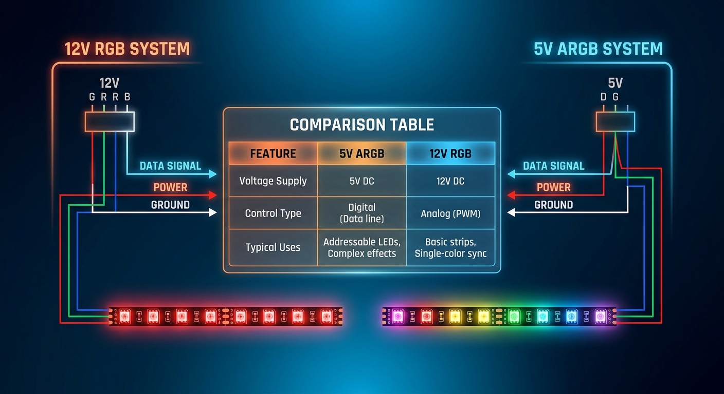 Schematic comparing 5V ARGB and 12V RGB headers