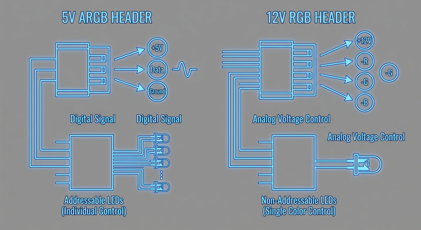 Technical diagram showing differences between 5V ARGB and 12V RGB headers