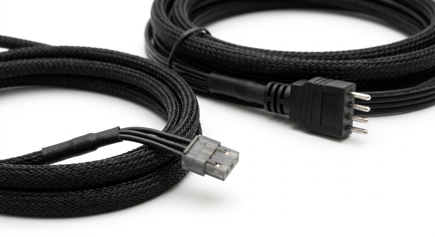 Photorealistic image of 5V ARGB and 12V RGB cables and connectors