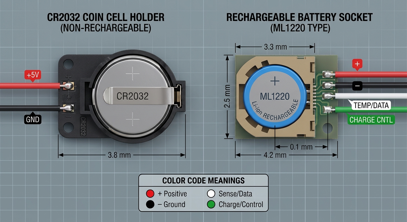 Detailed diagram of CMOS battery sockets with color codes and pin configurations