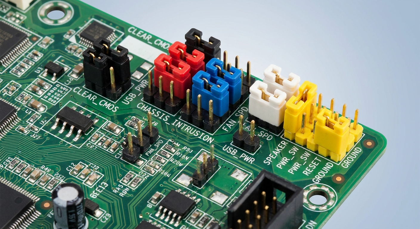 Close-up view of a motherboard with diverse jumper cap colors indicating their meanings.