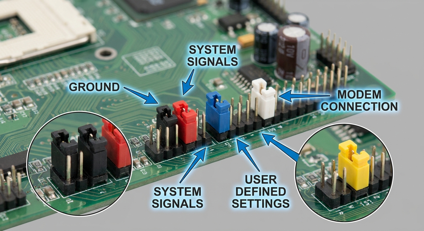 Educational diagram of motherboard jumper cap color codes