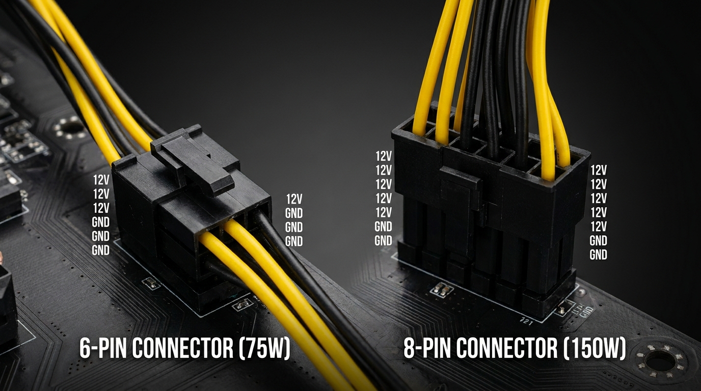 Close-up of 6-pin and 8-pin PCIe connectors with labeled specifications.