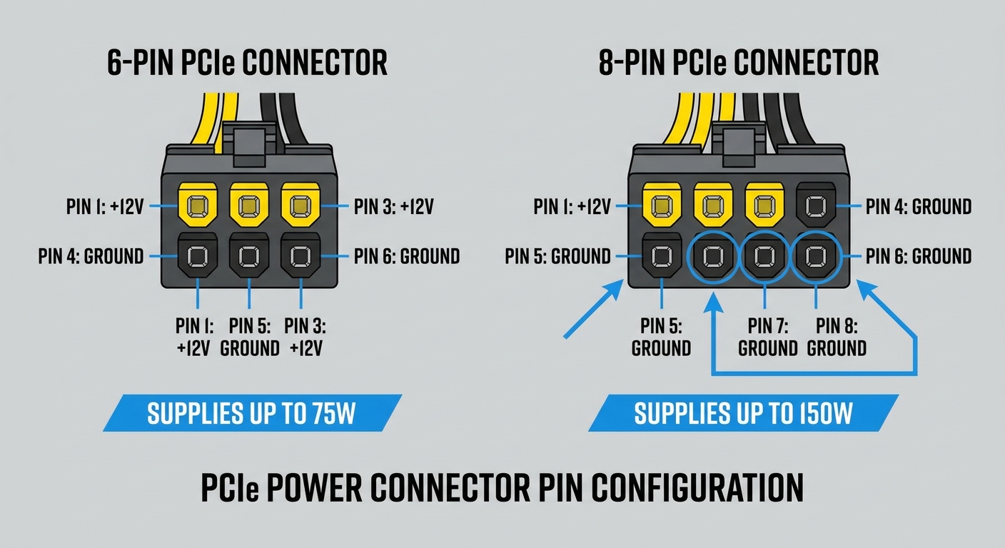 Diagram of 6-pin and 8-pin PCIe power connectors showing pin configurations.