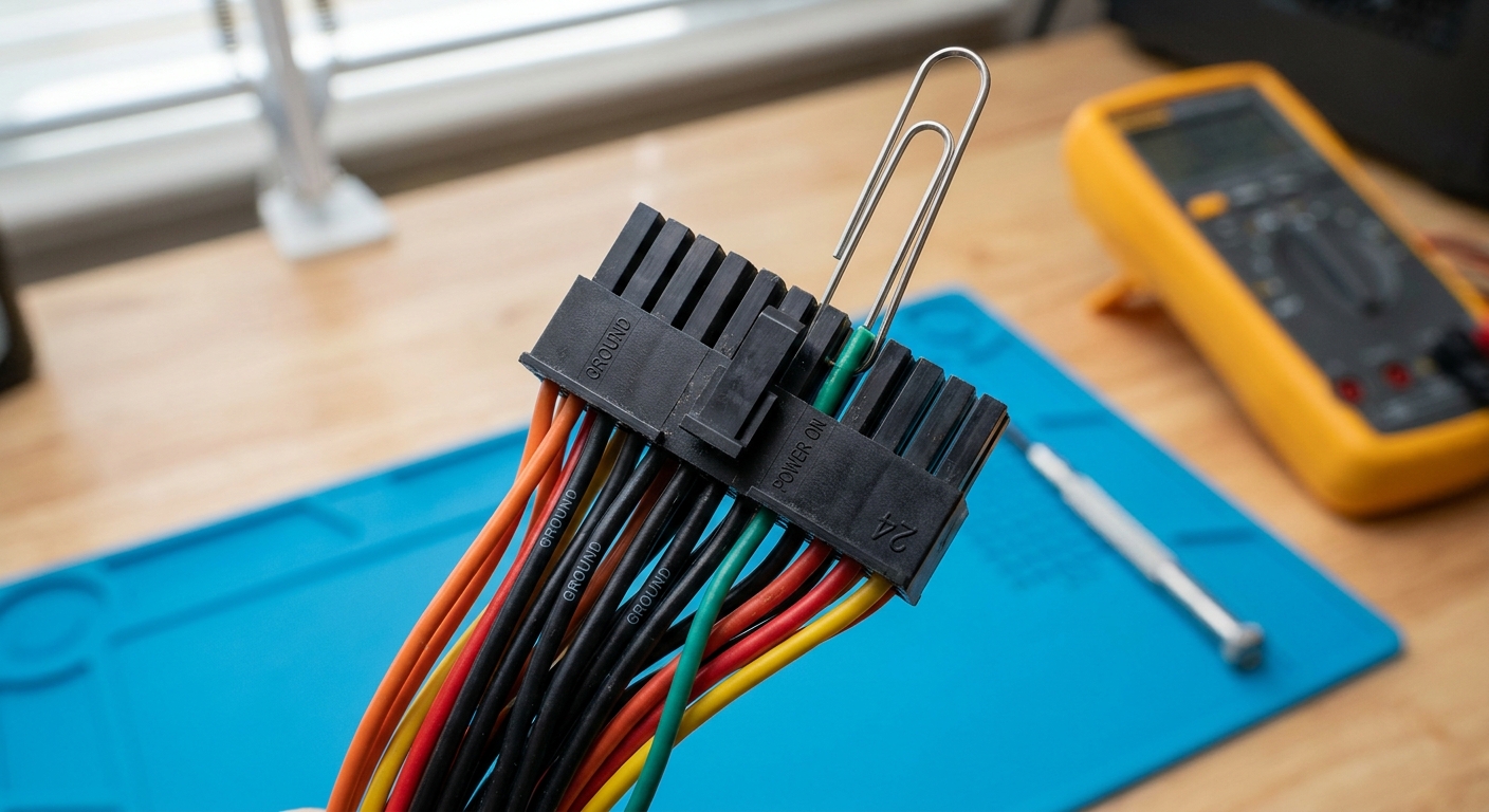 Close-up of PSU connector with green and black wires highlighted