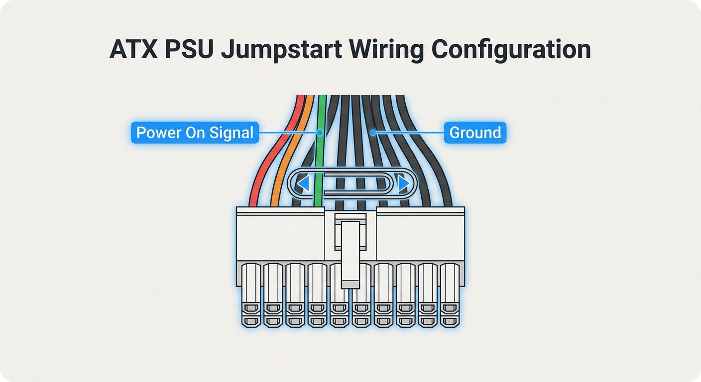 Wiring diagram of a 24-pin ATX PSU connector with labels for green and black wires