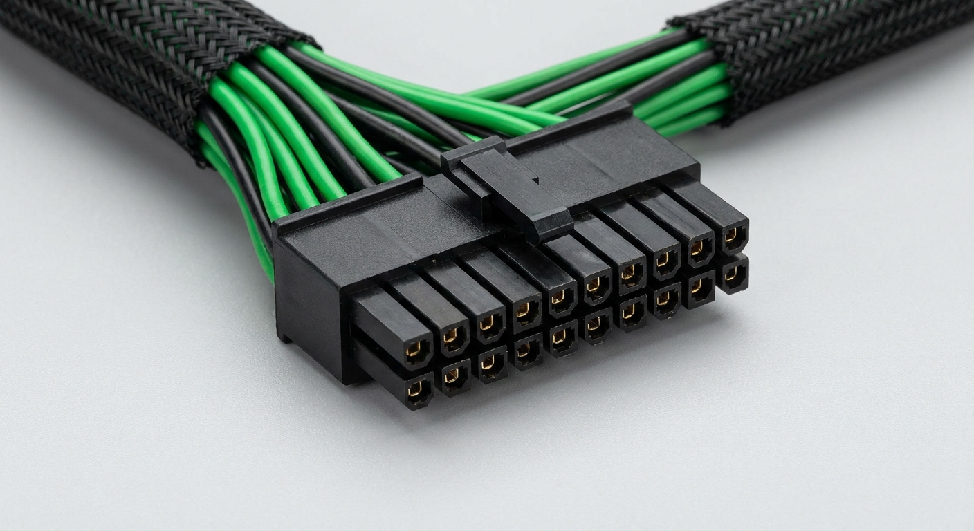 Close-up of a 24-pin ATX power supply connector showcasing wire colors