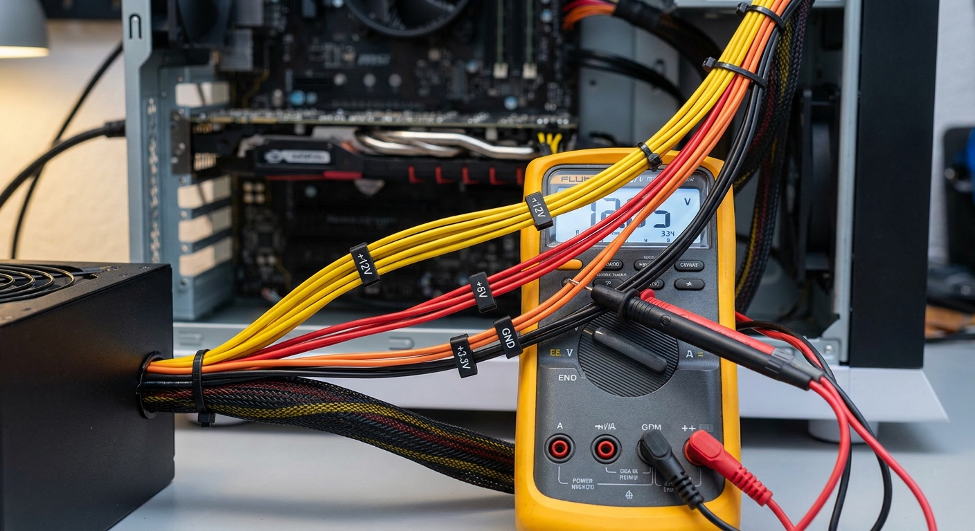Multimeter displaying PSU voltage readings with colored wires
