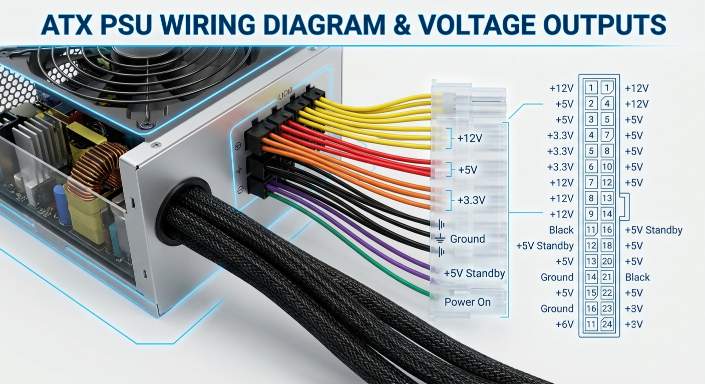 Diagram of Power Supply Unit (PSU) wiring with color codes and voltage outputs