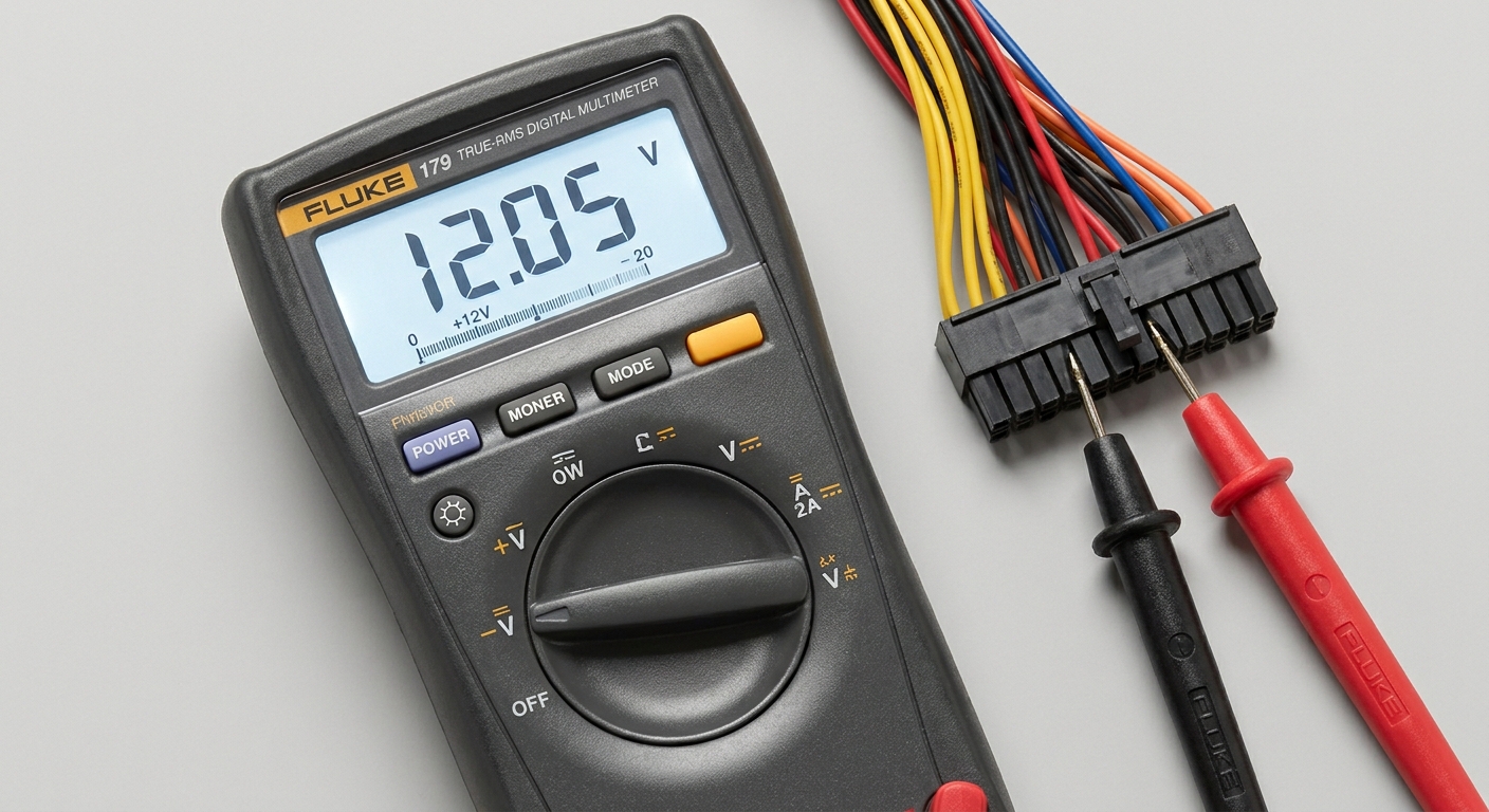 Digital multimeter testing voltage from a PSU with color-coded ATX connector