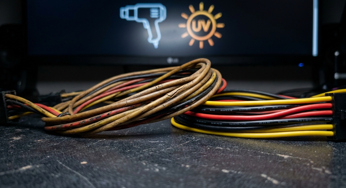 Close-up view of a yellowed PSU cable next to a pristine cable.