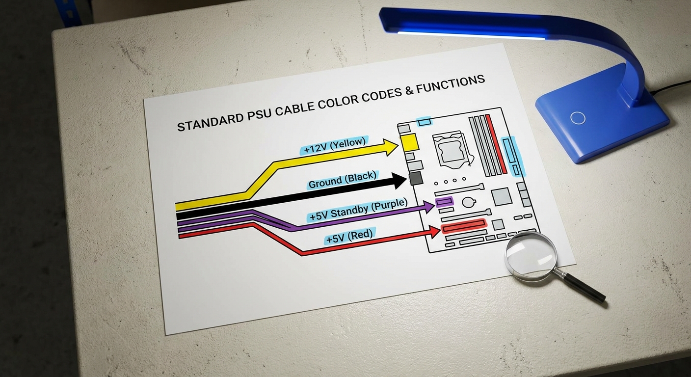 Diagram showing standard PSU cable color codes and their functions.
