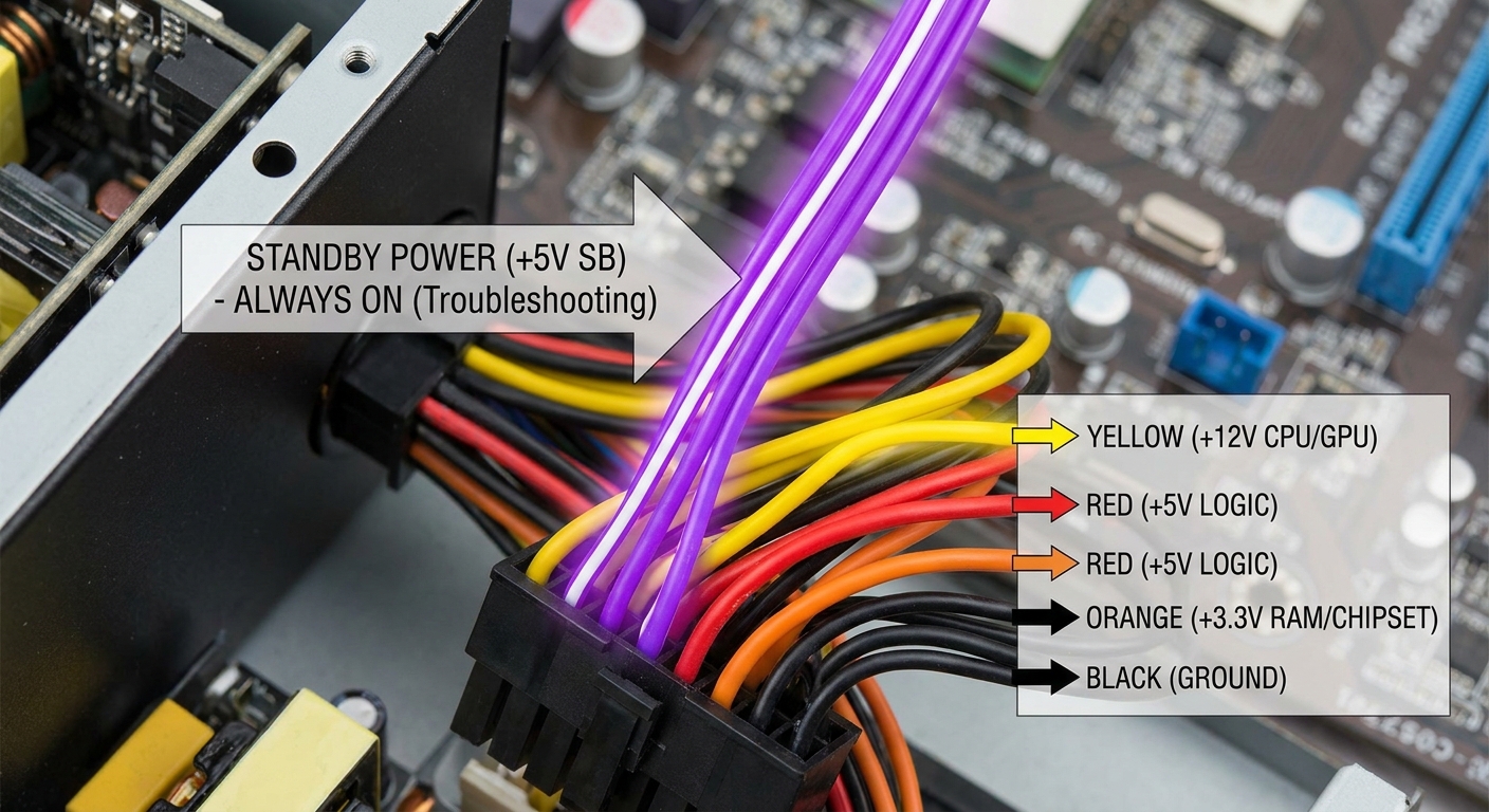 Close-up view of a power supply's purple wire with labeled technical diagram
