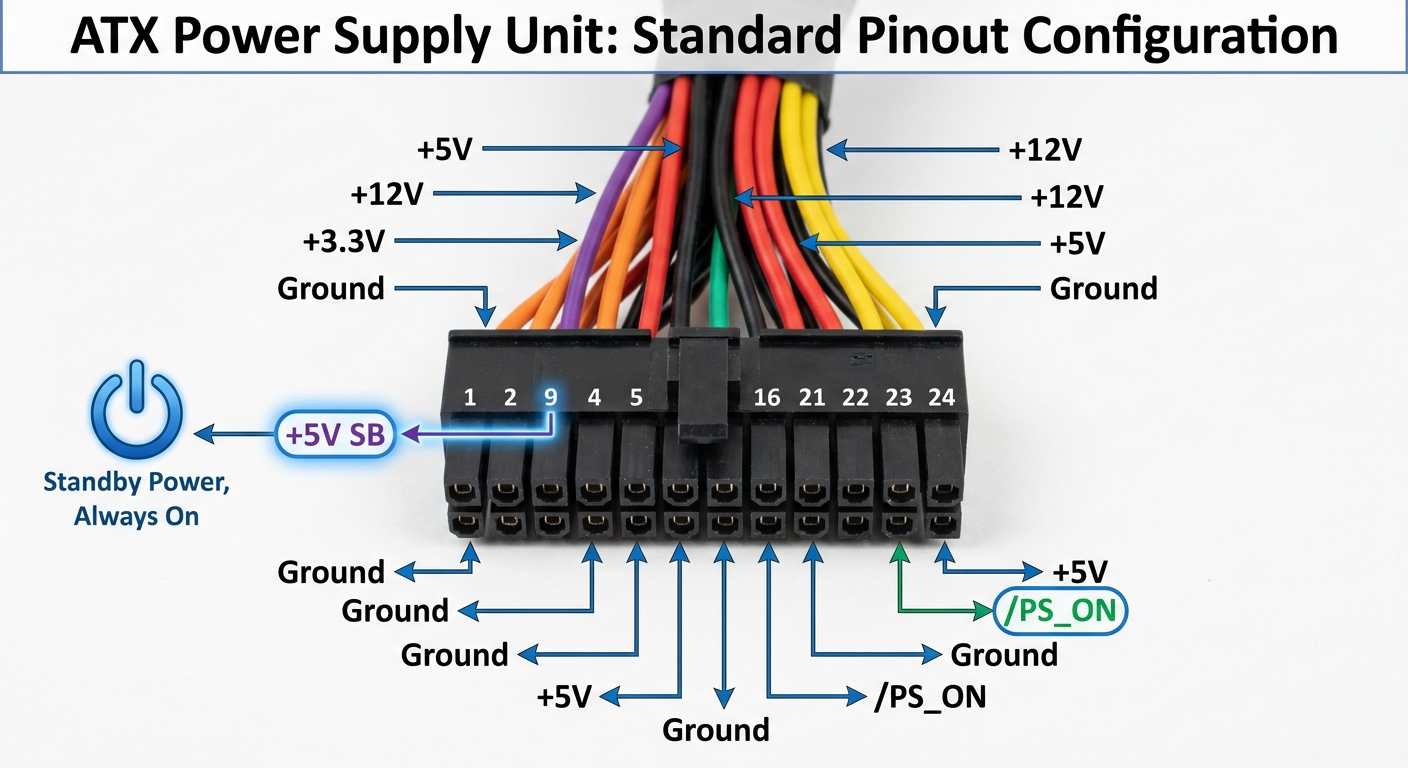 Diagram showing the pinout configuration of an ATX power supply unit with labels for each wire color.