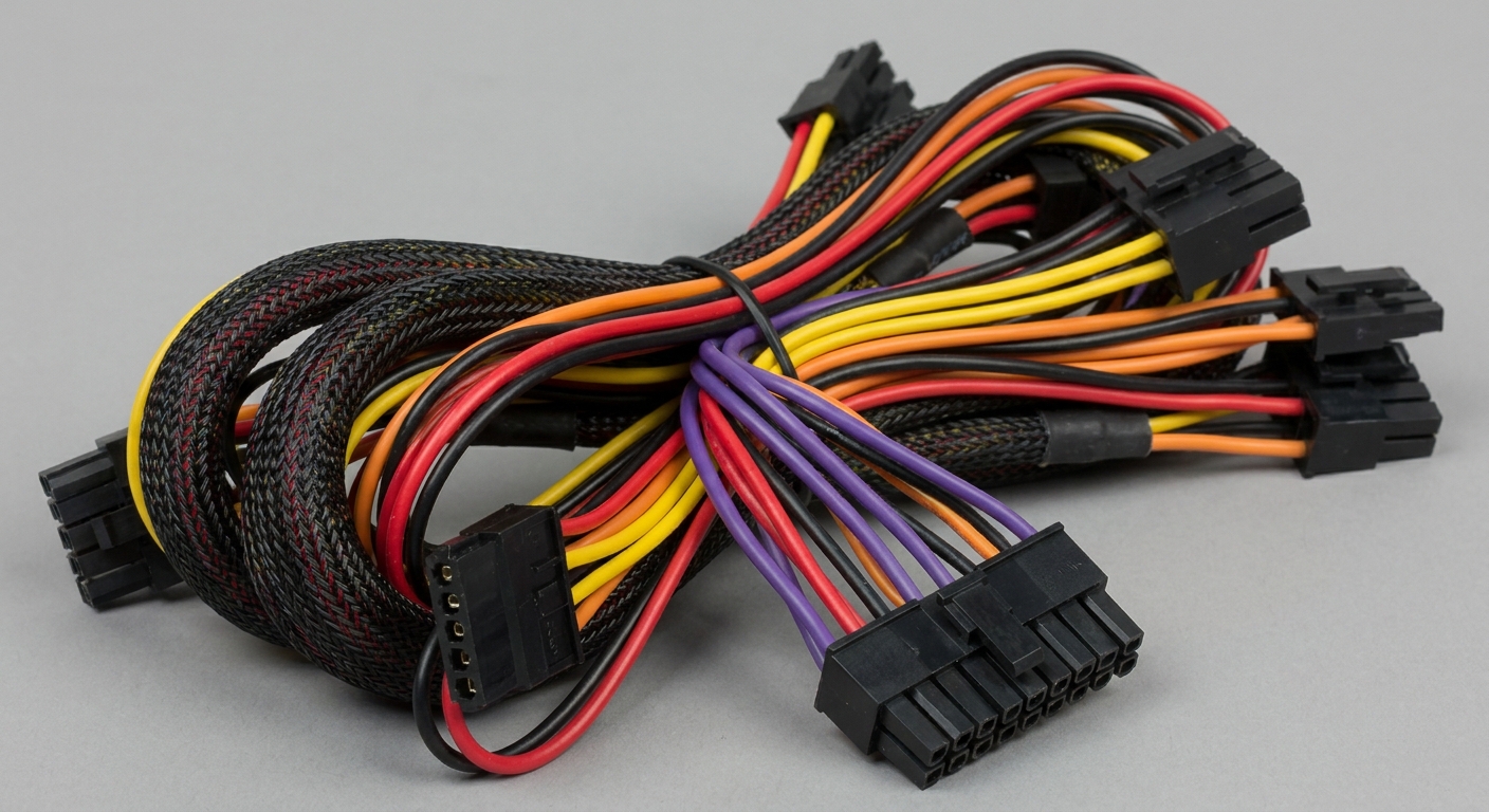 Photorealistic image of a power supply wiring harness, showcasing the important purple wire among other colored wires.