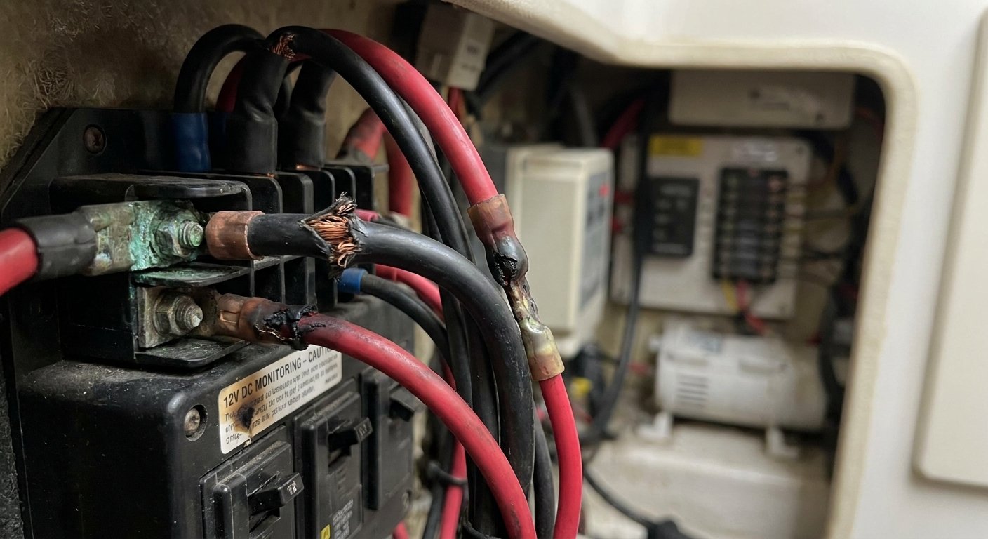 Close-up view of 12V wiring with color codes and warning signs