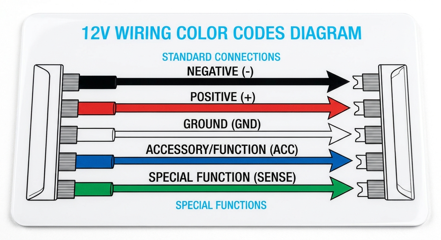 Diagram illustrating 12V wiring color codes: black for negative, red for positive, white for ground
