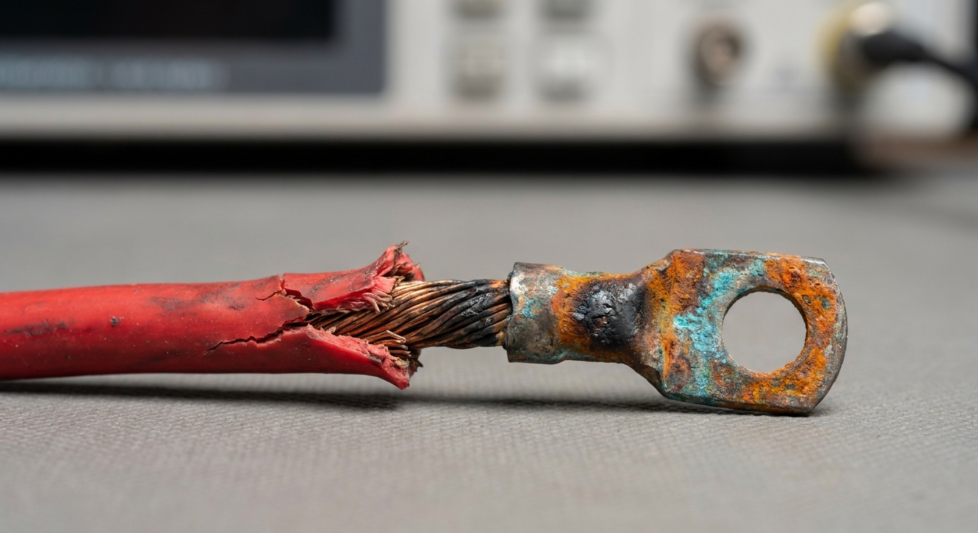 Close-up of a damaged 12V wire with frayed insulation and corroded connectors