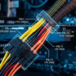 Detailed view of modular PSU cables with color-coded functions