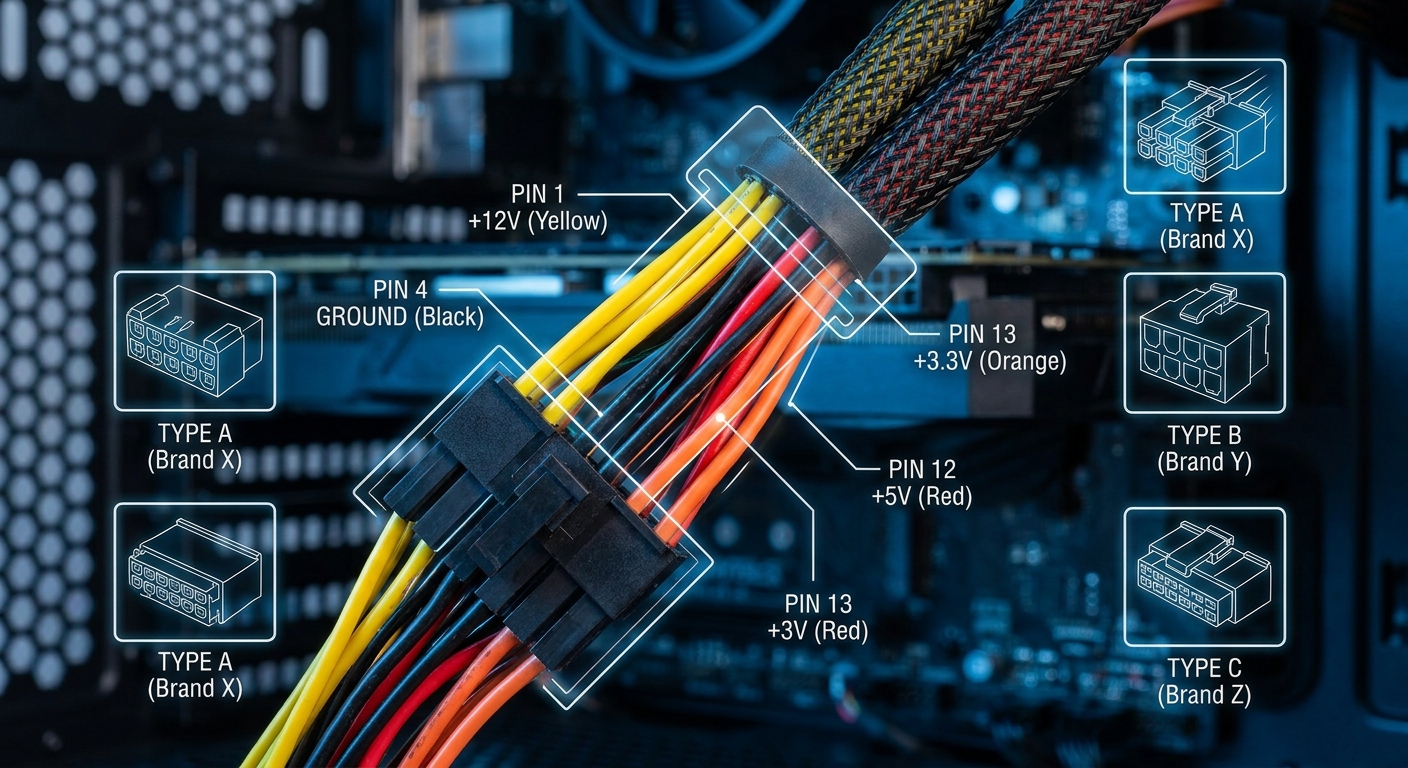 Detailed view of modular PSU cables with color-coded functions