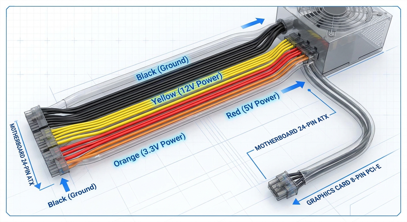 Diagram showing the wiring schematics of modular PSU cables with color-coded functions.