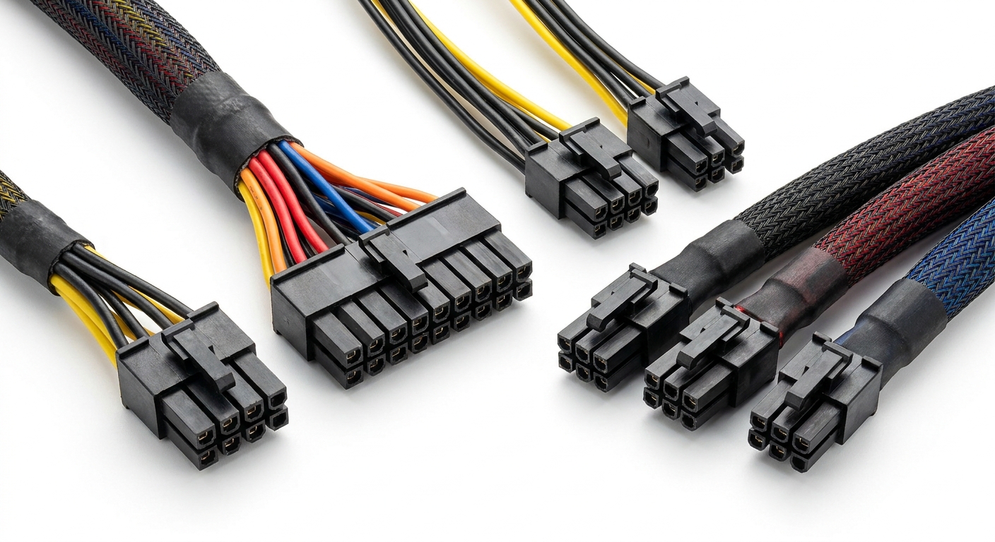 Photorealistic close-up view of different modular PSU cables and connectors.