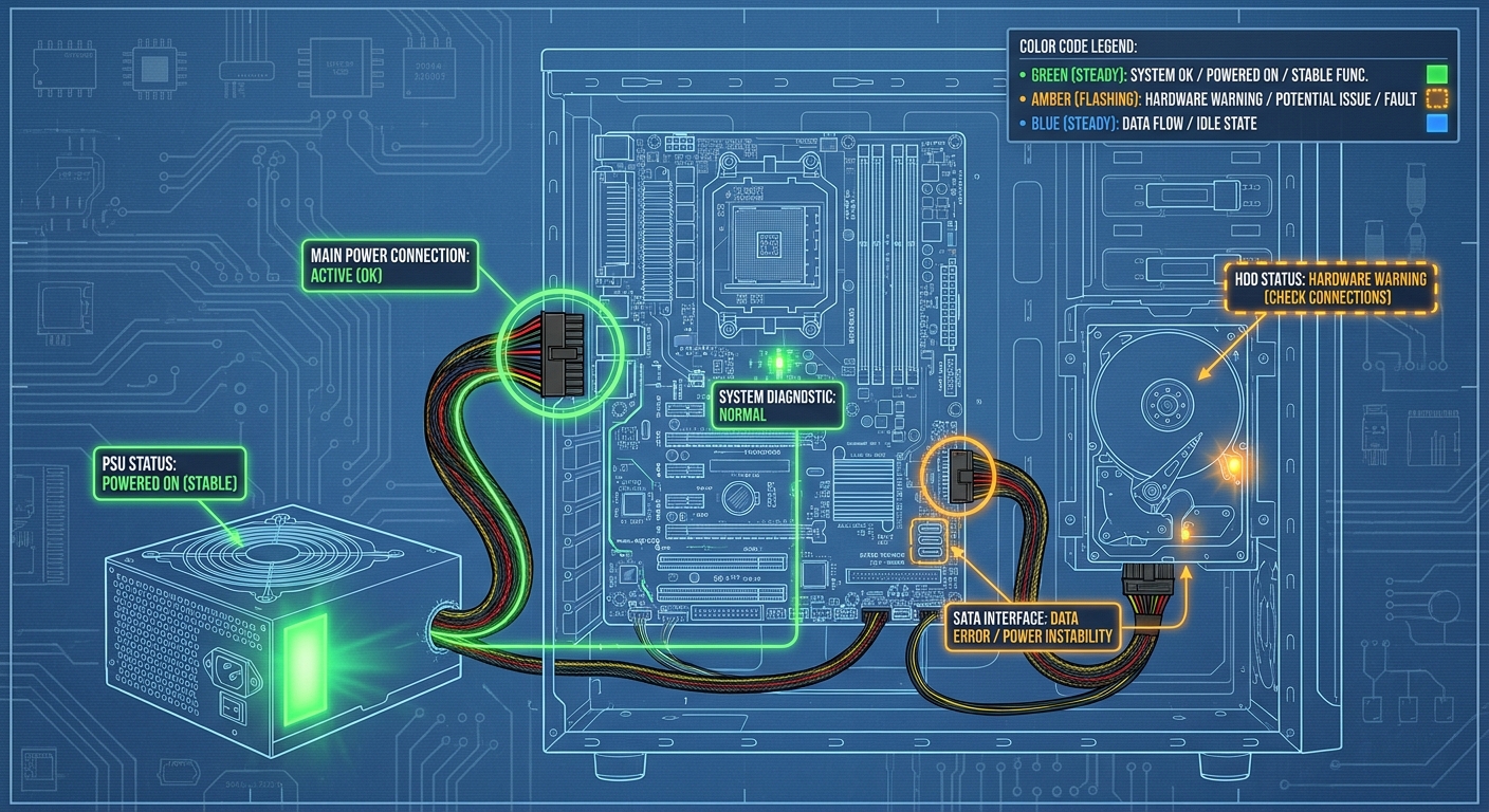 Schematic of computer components highlighting power supply unit, hard drive, and motherboard with status indicators