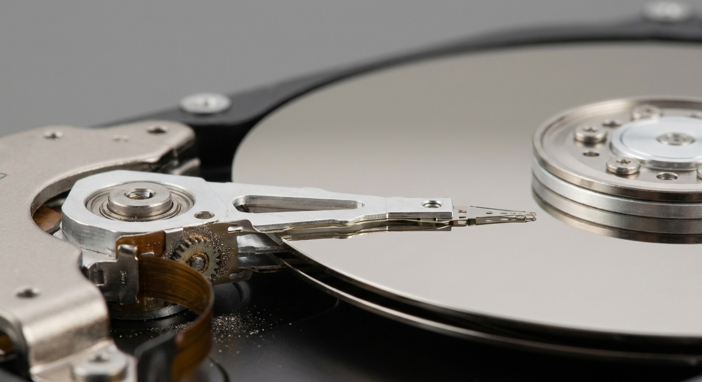 Close-up photograph of a hard drive showing internal components