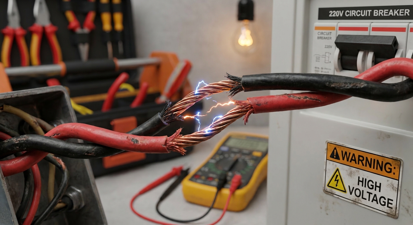 Close-up of red and black electrical wires with sparks, highlighting short circuit symptoms