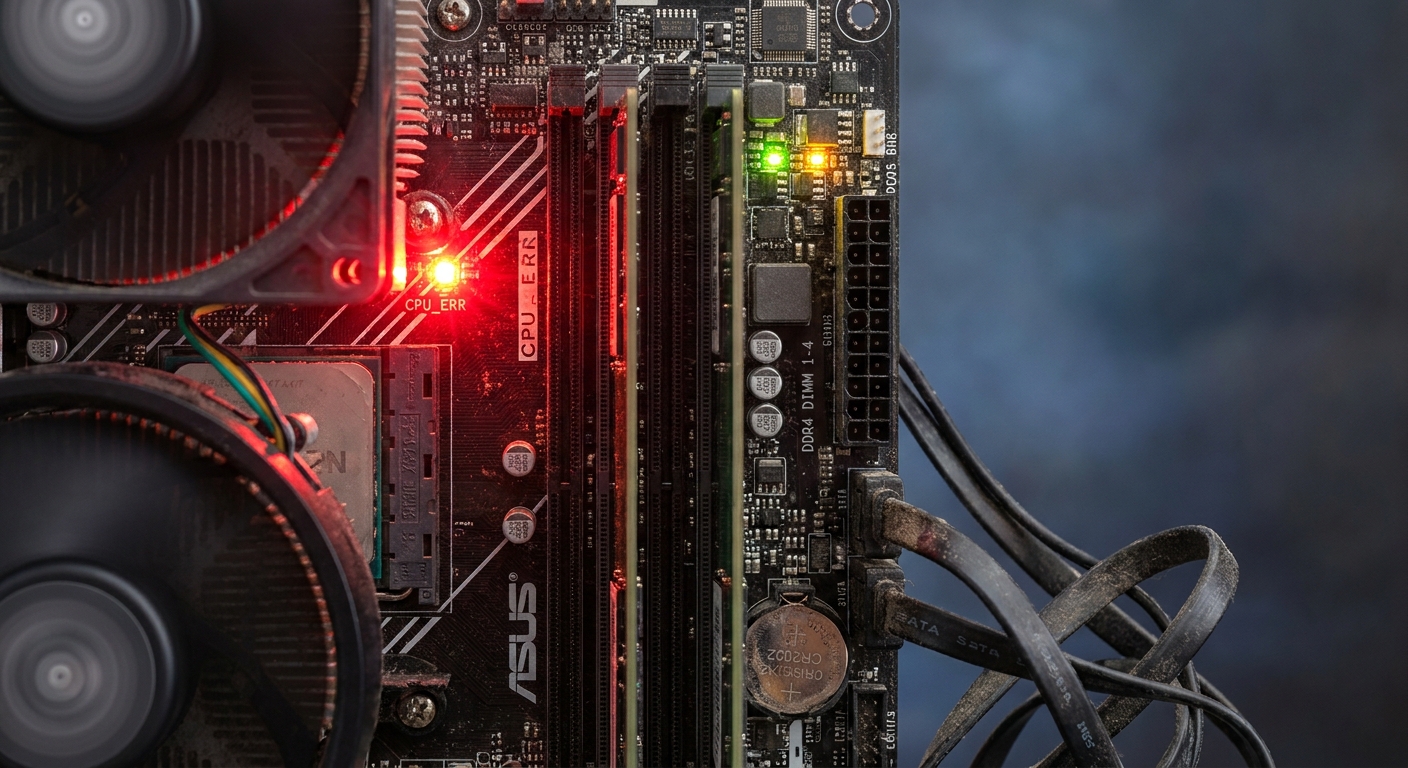 Close-up of motherboard with red error light and labeled components