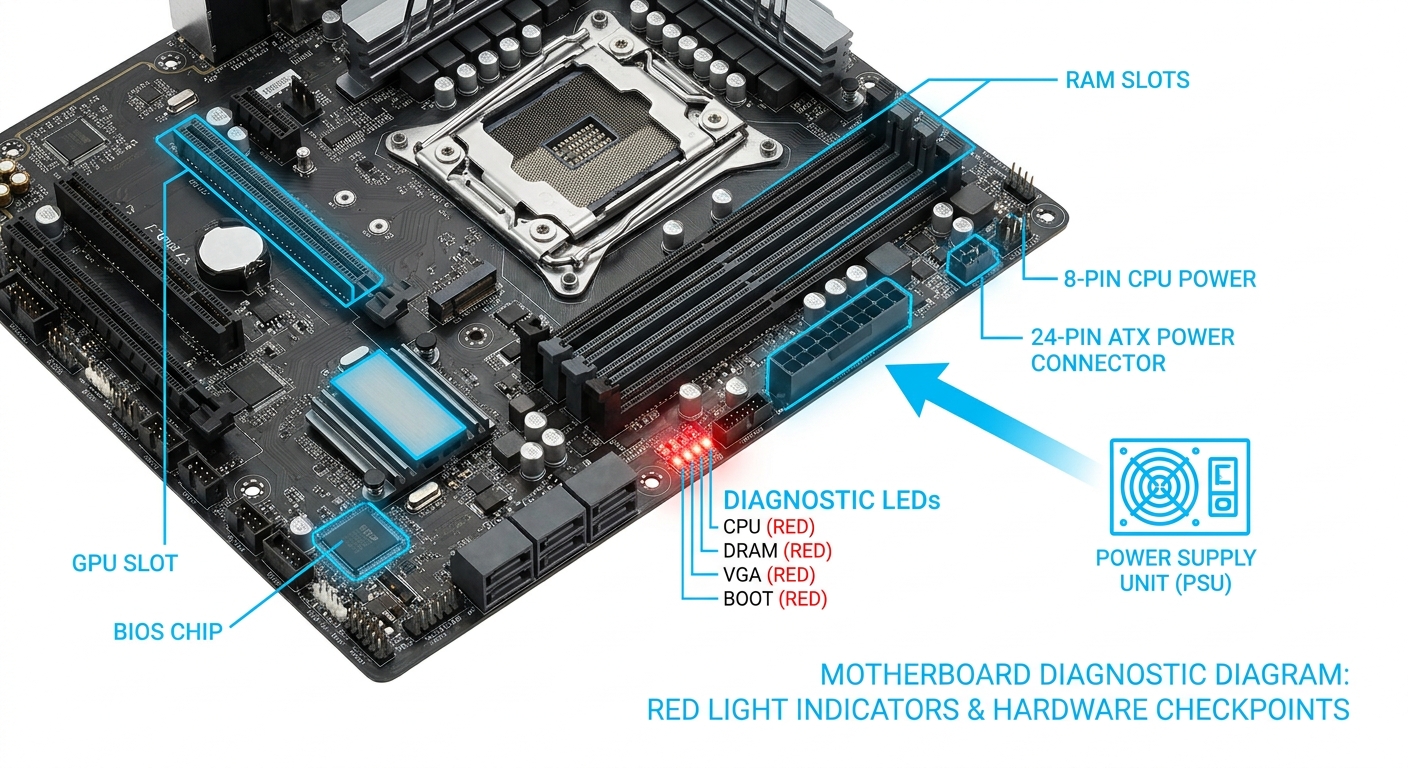 Diagram showing a motherboard with labeled components and diagnostic LEDs.
