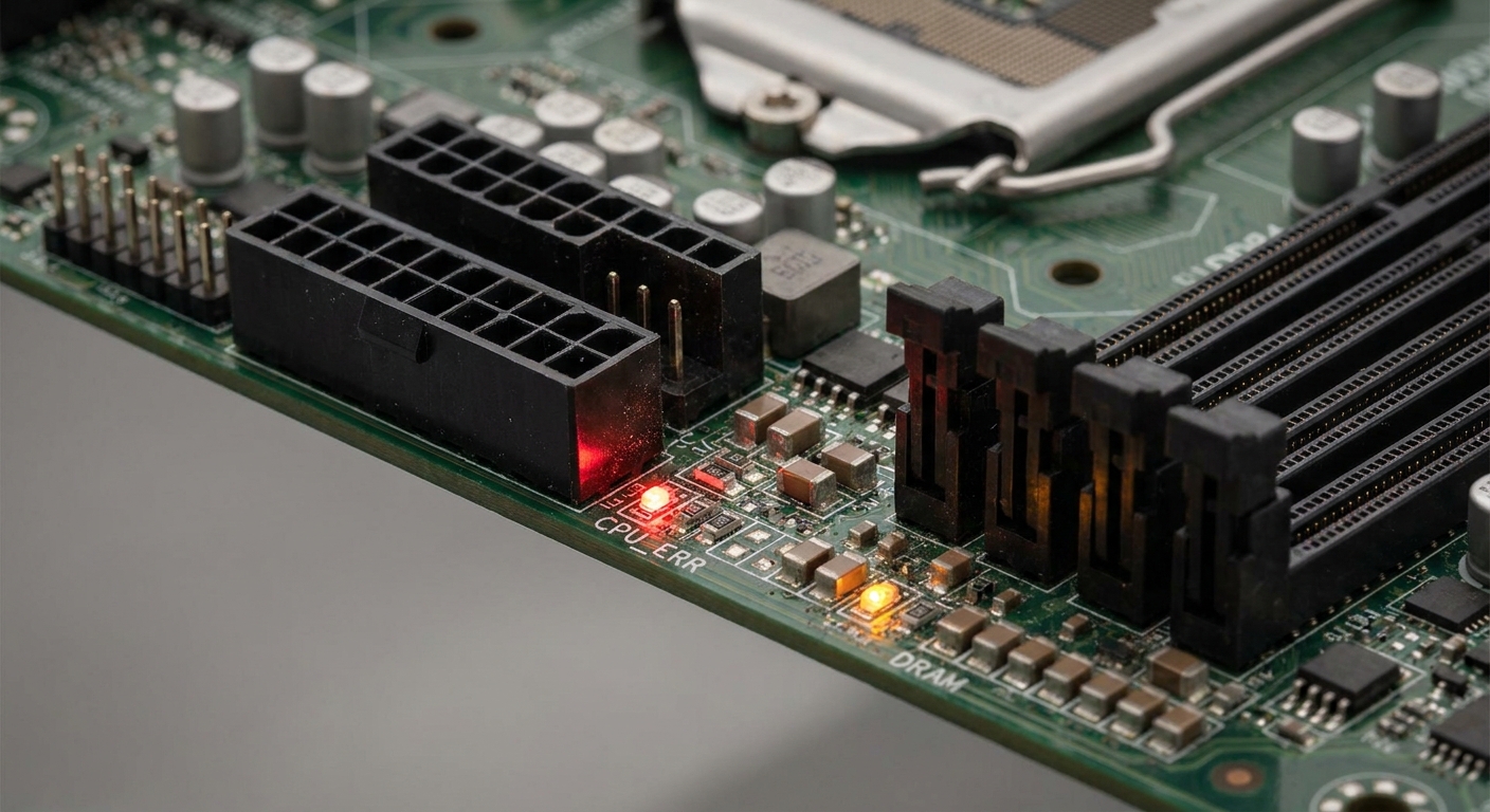 Macro photograph of a motherboard with a glowing red LED indicator.