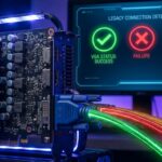 Close-up of a modern graphics card with VGA status color codes