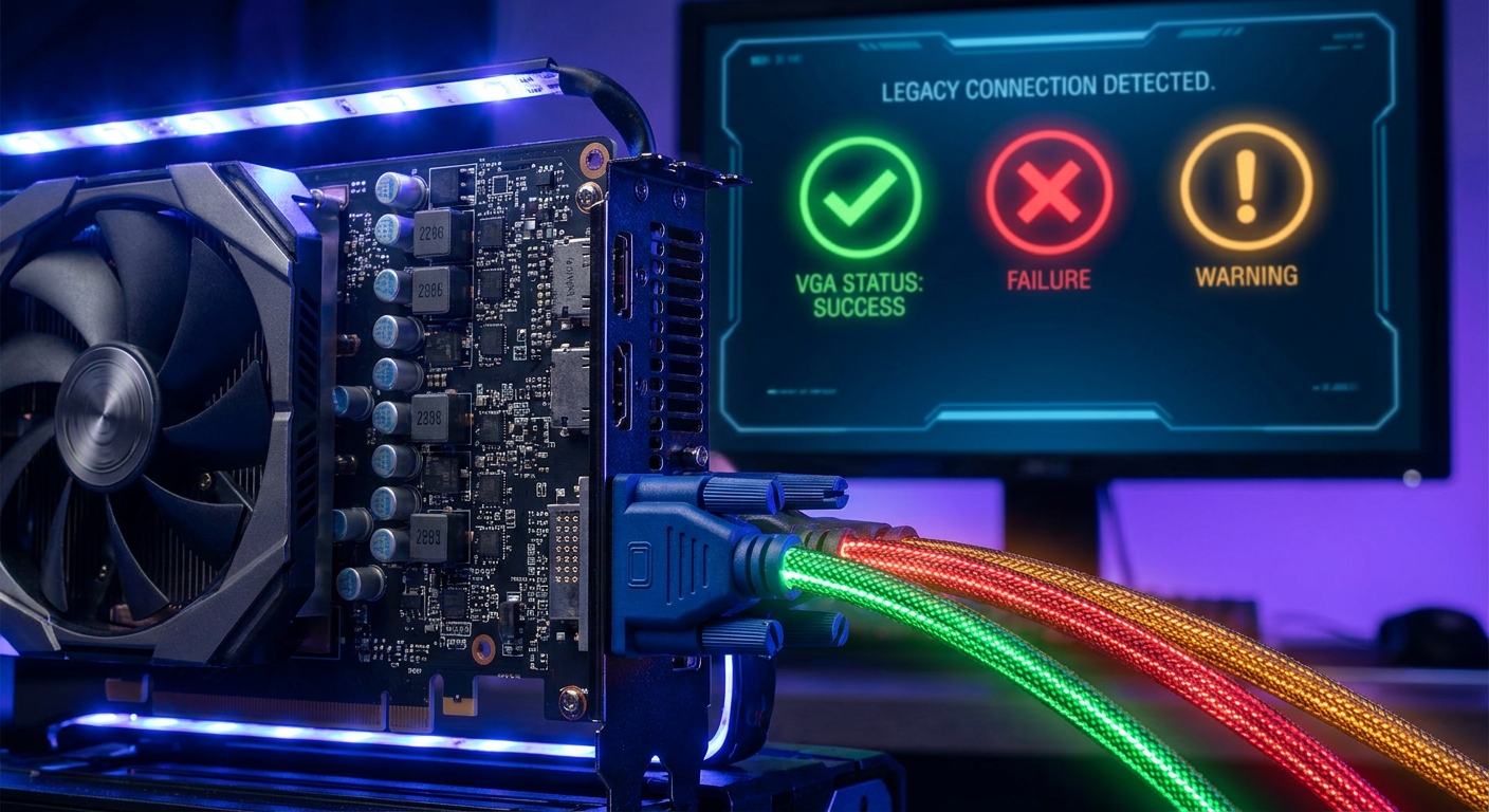 Close-up of a modern graphics card with VGA status color codes