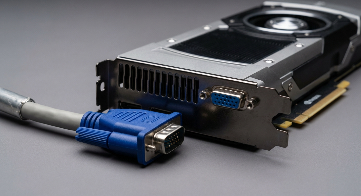 Photorealistic image of a graphics card with VGA output and VGA cable