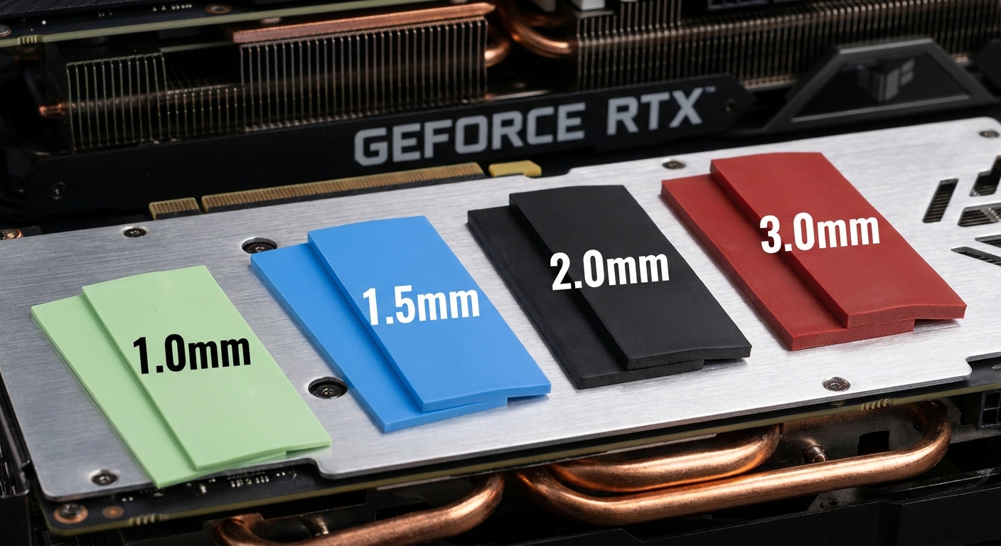 Arrangement of thermal pads by color and thickness for GPU cooling