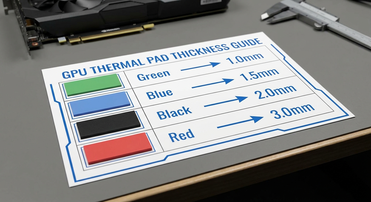 A diagram illustrating thermal pad color codes and their corresponding thicknesses for GPUs.