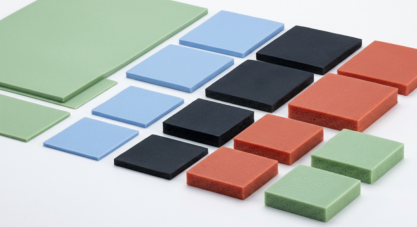 A high-quality image displaying various thermal pads in different colors and thicknesses.