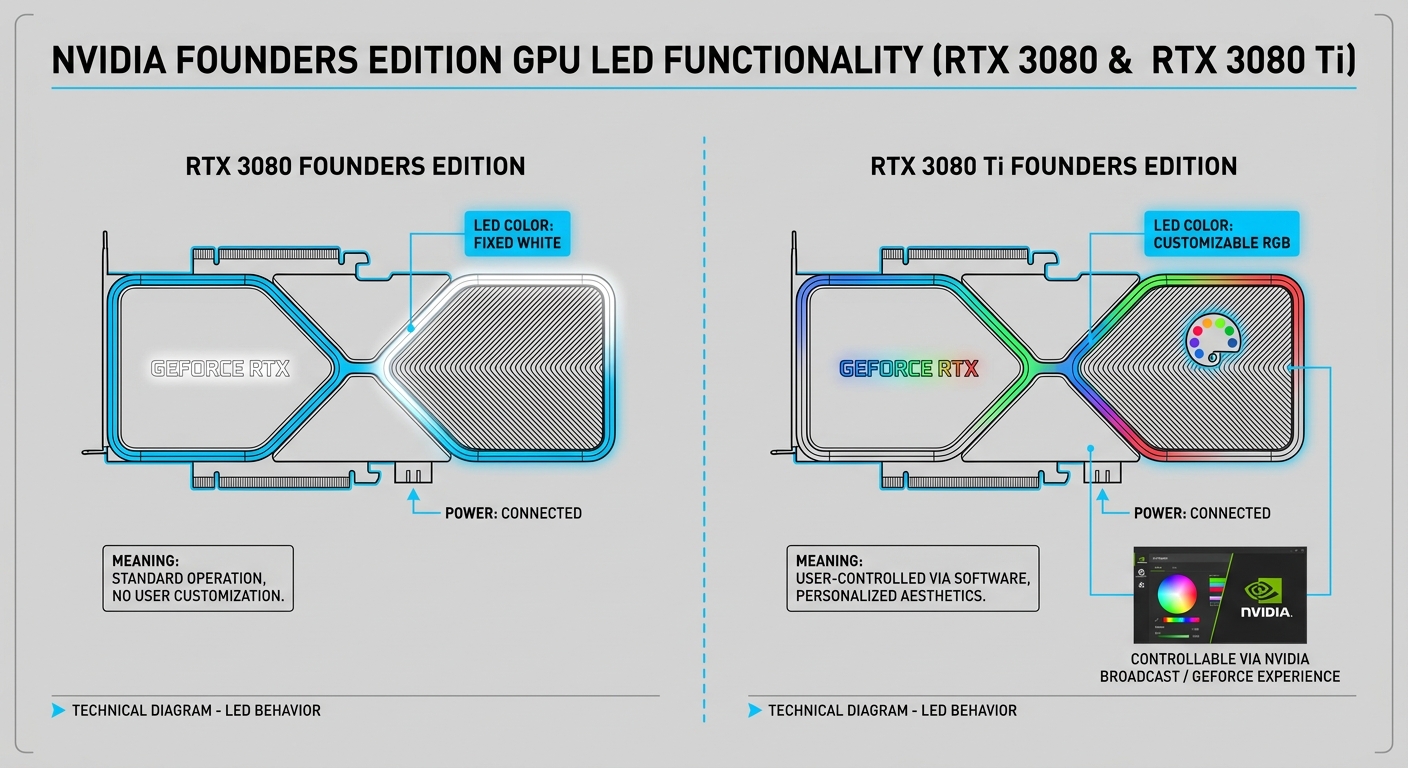 Diagram of NVIDIA Founders Edition GPU LED functionality showing RTX 3080 and RTX 3080 Ti models with LED color codes.