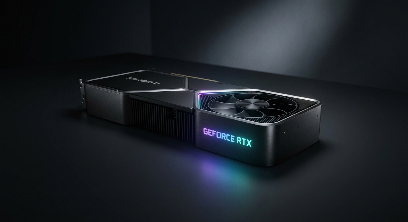 Photorealistic image of NVIDIA Founders Edition RTX 3080 Ti GPU with RGB LED lighting.