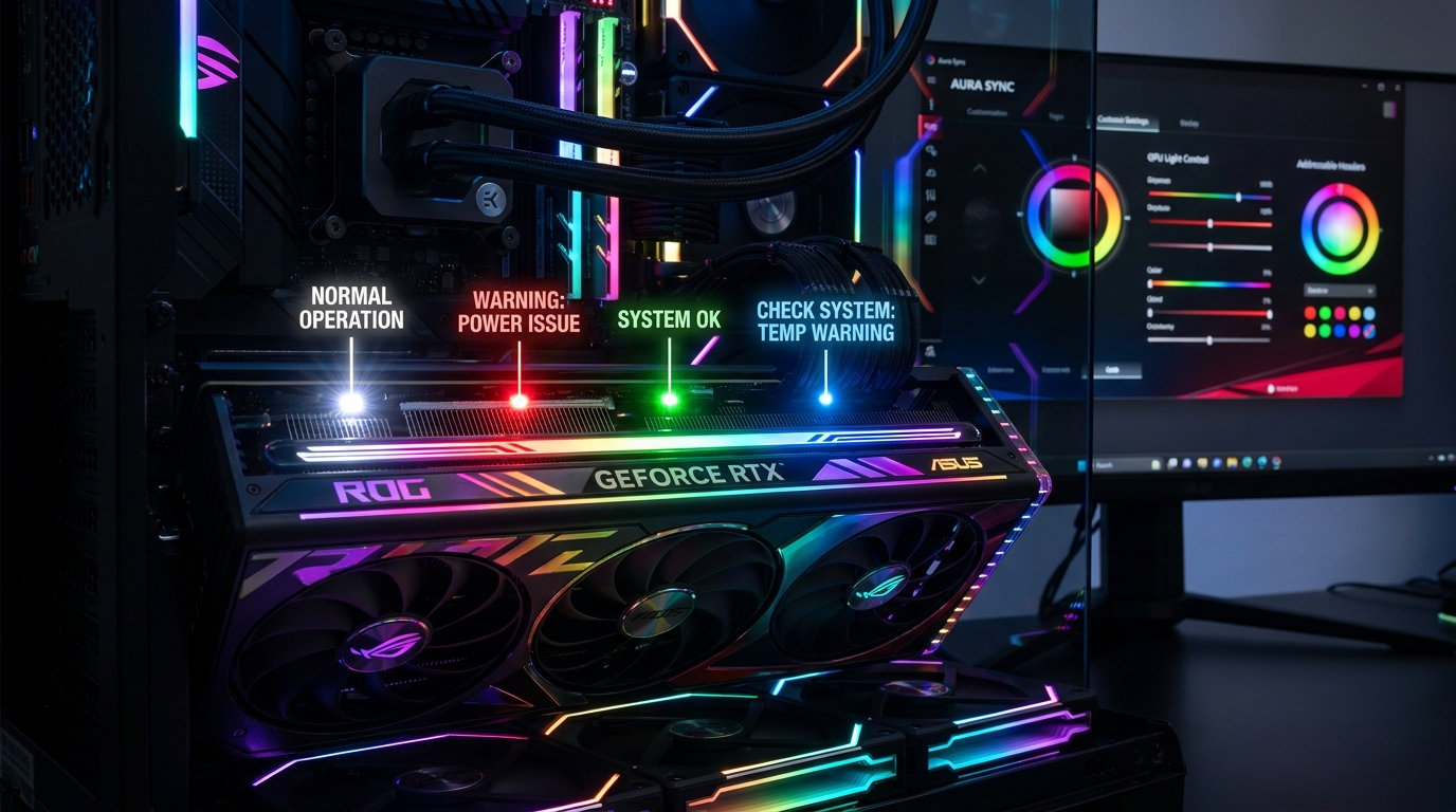Close-up of ASUS ROG Strix GPU with RGB lighting color codes