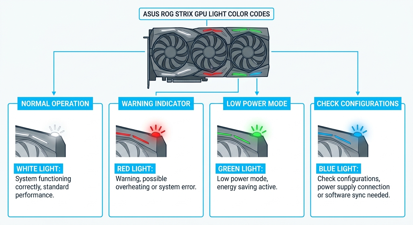 Diagram of ASUS ROG Strix GPU light color codes with descriptions of meanings