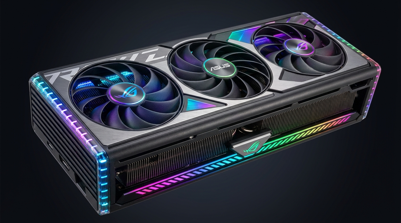 Photorealistic image of an ASUS ROG Strix GPU showcasing RGB lighting