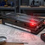 EVGA graphics card on a workbench with a red status indicator light