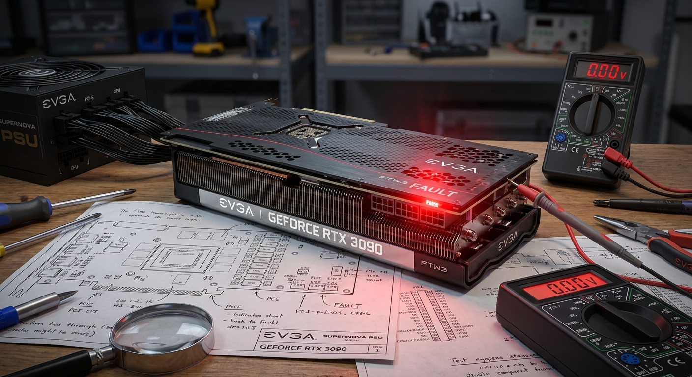EVGA graphics card on a workbench with a red status indicator light