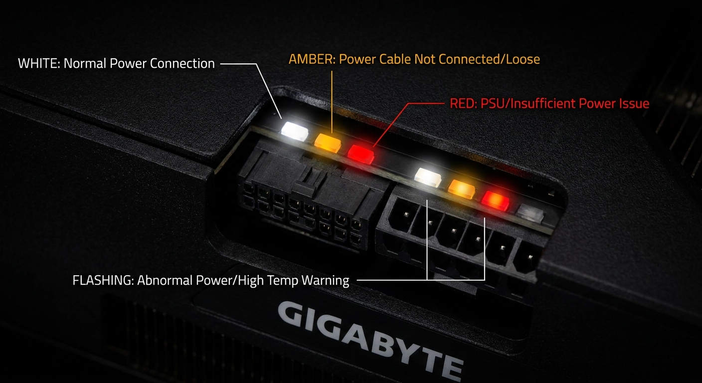Close-up view of Gigabyte GPU power LED indicators showing various colors and meanings.
