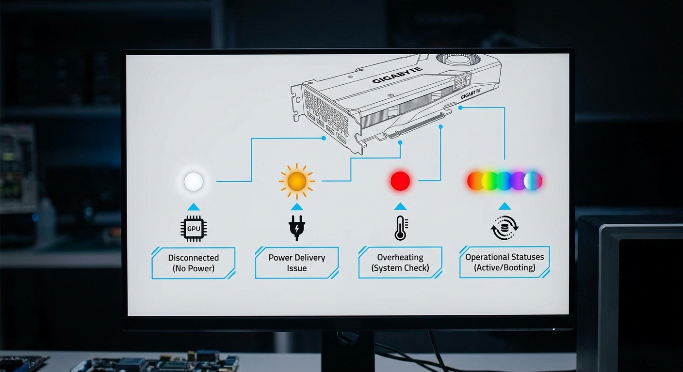 Technical diagram of Gigabyte GPU Power LED Color Codes with labeled indicators
