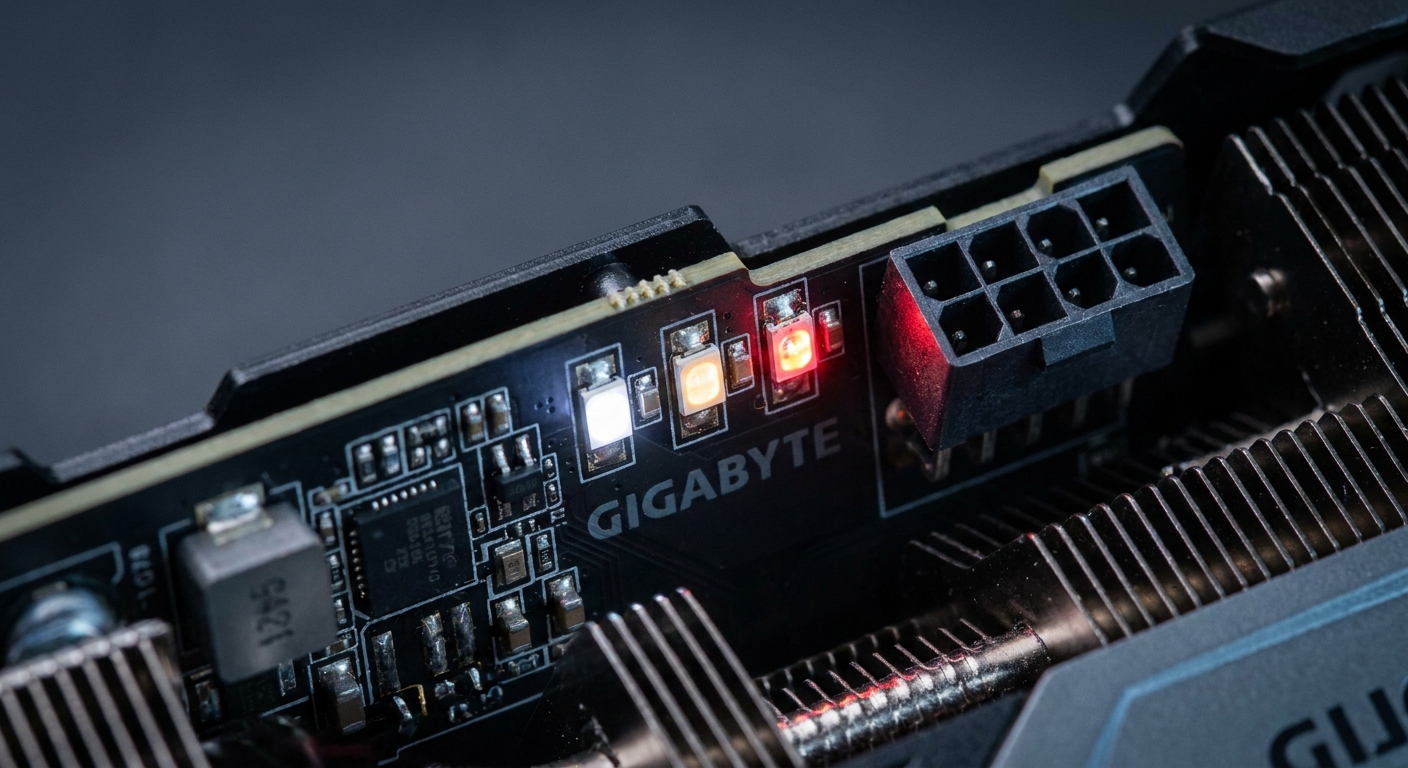 Photorealistic close-up of Gigabyte GPU showing LED color indicators