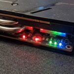 Close-up view of an AMD Radeon graphics card status LEDs